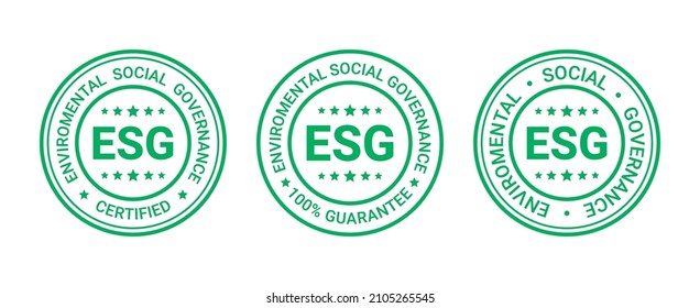ESG label, icon. Environmental, social and governance round stamp. Emblem to indicate sustainable company economy.  Business criteria badges set, isolated on white background. Vector illustration