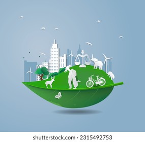 ESG Leaf Vector illustration landscape With City eco animal Person On the leaves Blue background, (ESG) environmental social governance and sustainable, clean energy Paper cut art out style concepts.