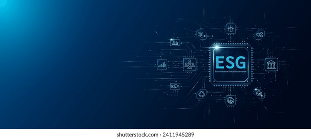 ESG-Buchstaben in Mikrochip-Prozessor-Schalttafel und Symbol Umwelt, Soziales, Governance. Nachhaltige Unternehmensentwicklung und -planung. Innovative Technologie digital. Vektorgrafik.