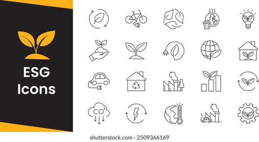 ESG line icon set. Outline icon collection related to ecology, environment social governance, sustainable risk management, and more. Containing ecopackaging, battery, sustainable, planetearth