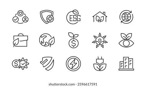 ESG line icon set. Social governance, risk, ecology, Environmental, Social, and Governance, solar panels, recycling, green city, net zero, financial performance line icon set. UI thin line icon pack.