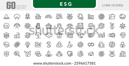 ESG line icon set. Social governance, risk, ecology, Environmental, Social, and Governance, solar panels, recycling, green city, net zero, financial performance line icon set. UI thin line icon pack.