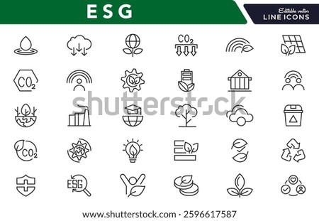 ESG line icon set. Social governance, risk, ecology, Environmental, Social, and Governance, solar panels, recycling, green city, net zero, financial performance line icon set. UI thin line icon pack.