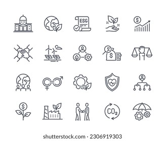 Conjunto de iconos de línea ESG. Gobernanza ambiental, social y empresarial. Fuentes de energía alternativas y acuerdos y negociaciones justos. Ilustraciones vectoriales planas de arte de línea aisladas en fondo blanco