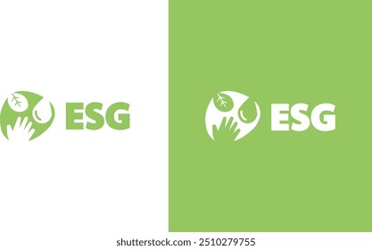 Concepto de logotipo ESG para la empresa, este logotipo contiene una mano, hoja y agua