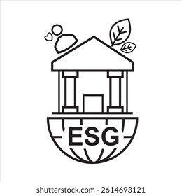 ESG logo with a globe, classical building, and nature elements, symbolizing sustainability and ethics