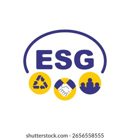 Logotipo de ESG con iconos que representan el medio ambiente, la sociedad y la gobernanza. Ideal para sostenibilidad, responsabilidad empresarial, inversión ética y contenido de valores corporativos.