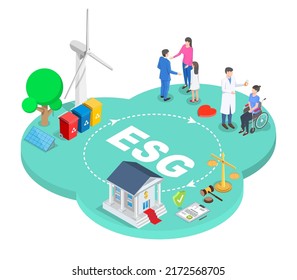 ESG management. Environmental, social and governance concept. Modern sustainable development, life, finance and health insurance, alternative enegry. Isometric 3d vector illustration