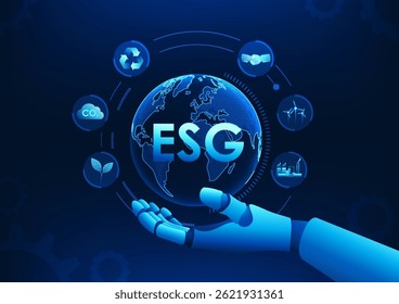 ESG is on Earth with a robot hand, representing green technology and sustainable development, using innovation and intelligent systems to drive the world towards an environmentally friendly future.
