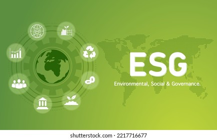 ESG On Environmental, Social And Corporate Stewardship Concepts, Information About The Contribution Of Everything In The World.  To Solve Environmental, Social And Management Problems With Vector Icon