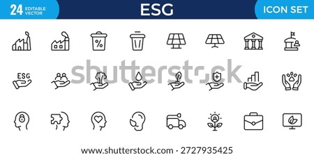 ESG Outline Icon Set – Environmental, Social and Governance Thin Line Icons Collection, Sustainability, Solar Panel and Responsible Business Symbols, Modern Thin Outline Vector Illustration