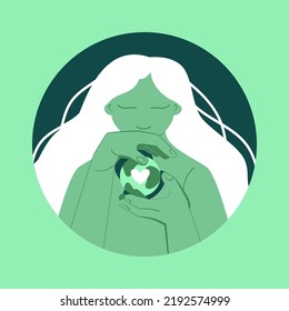 ESG planet. Vector poster in green with the image of a girl holding a planet as a symbol of the preservation of the surrounding world
