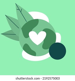 ESG planet. Vector poster in green with the image of the planet on the background of the heart, calling for the preservation of the surrounding world