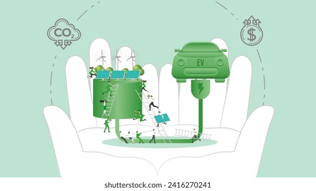 La política de ESG en manos. El crédito de carbono se calcula a partir de la reducción de la huella de carbono y el dióxido de carbono hasta el objetivo cero neto en 2050. Vehículo eléctrico, desarrollo sostenible. Ilustración vectorial.