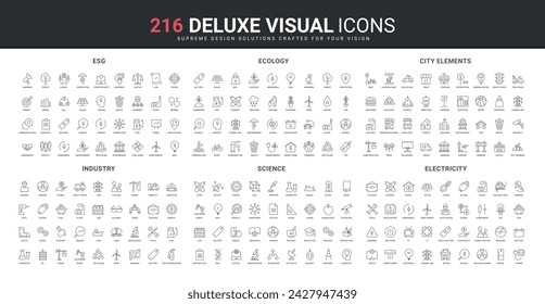 ESG, pollution of industry and city, environment protection, management line icons set. Science laboratory research, Earth resources, electricity consumption thin black symbols vector illustration