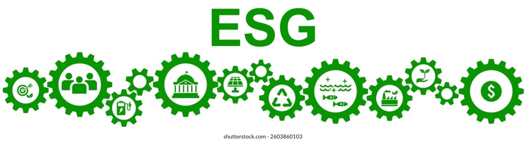 ESG project concept with interconnected green gears featuring sustainability, renewable energy, finance, and governance icons. Symbolizing teamwork, ethical investment, and environmental responsibilit