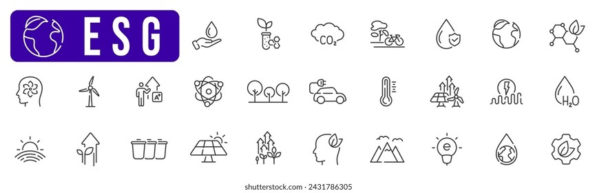 ESG related line icon set. Environment, green energy, leaf, eco, nature, co2,  etc. Editable stroke