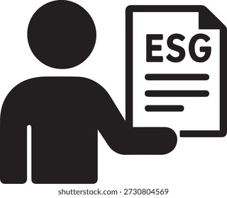 Ícone de apresentação de relatório do ESG mostrando uma pessoa segurando um documento de sustentabilidade. Símbolo de relatórios ambientais, sociais e de governança, transparência corporativa e práticas de negócios responsáveis.