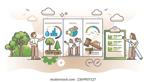 ESG reporting and environmental social governance report outline concept. Annual company publication with fair principle or standards compliance vector illustration. Cooperative responsibility review