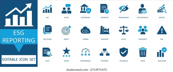Conjunto de iconos de informes ESG. Vectores de métricas ambientales, sociales y de gobernanza, auditoría de sostenibilidad, emisiones de carbono y responsabilidad corporativa.