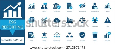 ESG Reporting Icon Set. Vectors for Environmental, Social, and Governance metrics, sustainability audit, carbon emissions, and corporate accountability.