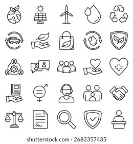 ESG Conjunto de 25 ilustrações vetoriais de ícone de linha fina para Meio Ambiente Governança Social do desempenho de sustentabilidade corporativa para triagem de investimentos