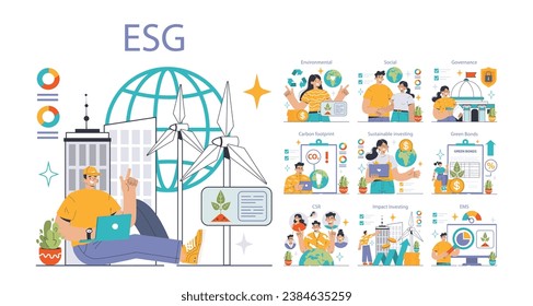 ESG set. Exploring Environmental, Social, Governance factors. Carbon footprint, sustainable investing, green bonds. Corporate social responsibility. Impact on businesses. Flat vector illustration