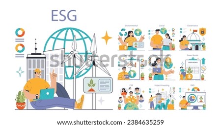 ESG set. Exploring Environmental, Social, Governance factors. Carbon footprint, sustainable investing, green bonds. Corporate social responsibility. Impact on businesses. Flat vector illustration