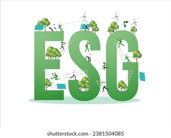 negocio de sostenibilidad de ESG, energía verde, industria sostenible con molinos de viento y paneles de energía solar. Concepto de gobernanza ambiental, social y corporativa. Ilustración vectorial de construcción de personas.