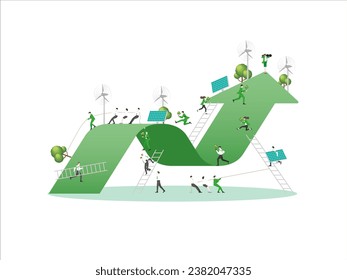 ESG sustainability business, green energy, sustainable industry with windmill and solar energy panels. Environmental, Social, and Corporate Governance concept. People construction vector illustration.