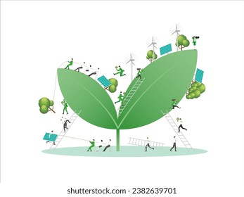 ESG sustainability business, green energy, sustainable industry with windmill and solar energy panels. Environmental, Social, and Corporate Governance concept. People construction vector illustration.