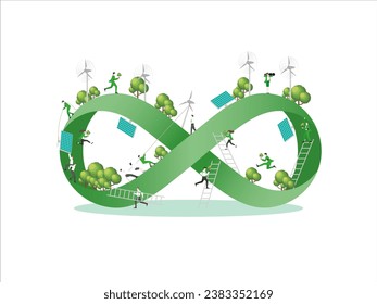 negocio de sostenibilidad de ESG, energía verde, industria sostenible con molinos de viento y paneles de energía solar. Concepto de gobernanza ambiental, social y corporativa. Ilustración vectorial de construcción de personas.