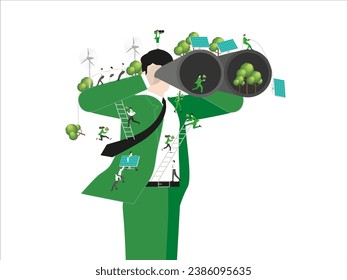 ESG sustainability business, green energy, sustainable industry with windmill and solar energy panels. Environmental, Social, and Corporate Governance concept. People construction vector illustration.