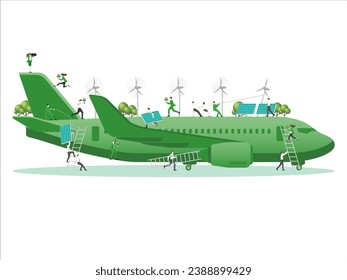 ESG sustainability business, green energy, sustainable travel with windmill and solar energy panels. Environmental, Social, and Corporate Governance concept. Plane construction vector illustration.