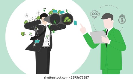ESG sustainability business policy. Carbon credit calculate from reduce carbon footprint and carbon dioxide to carbon offset. Green renewable energy, sustainable development. Vector illustration.