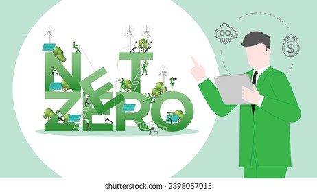 ESG sustainability business policy. Carbon credit calculate from reduce carbon footprint and carbon dioxide to carbon offset. Green renewable energy, sustainable development. Vector illustration.