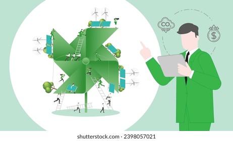 ESG sustainability business policy. Carbon credit calculate from reduce carbon footprint and carbon dioxide to carbon offset. Green renewable energy, sustainable development. Vector illustration.