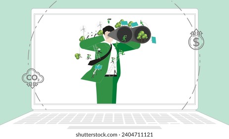 ESG sustainability business policy. Carbon credit calculate from reduce carbon footprint and carbon dioxide to carbon offset. Green renewable energy, sustainable development. Vector illustration.