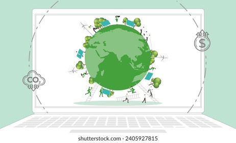 ESG sustainability business policy. Carbon credit calculate from reduce carbon footprint and carbon dioxide to carbon offset. Green renewable energy, sustainable development. Vector illustration.