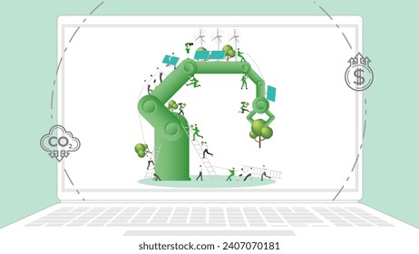 ESG sustainability business policy. Carbon credit calculate from reduce carbon footprint and carbon dioxide to carbon offset. Green renewable energy, sustainable development. Vector illustration.