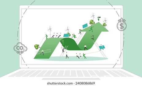 ESG sustainability business policy. Carbon credit calculate from reduce carbon footprint and carbon dioxide to carbon offset. Green renewable energy, sustainable development. Vector illustration.