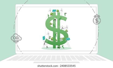 ESG sustainability business policy. Carbon credit calculate from reduce carbon footprint and carbon dioxide to carbon offset. Green renewable energy, sustainable development. Vector illustration.