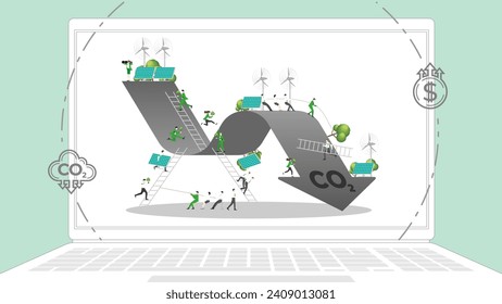 ESG sustainability business policy. Carbon credit calculate from reduce carbon footprint and carbon dioxide to carbon offset. Green renewable energy, sustainable development. Vector illustration.