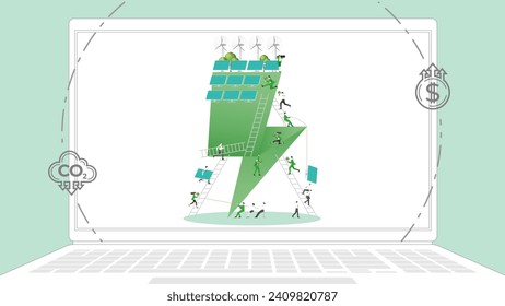 ESG sustainability business policy. Carbon credit calculate from reduce carbon footprint and carbon dioxide to carbon offset. Green renewable energy, sustainable development. Vector illustration.