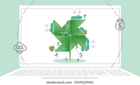 ESG sustainability business policy. Carbon credit calculate from reduce carbon footprint and carbon dioxide to carbon offset. Green renewable energy, sustainable development. Vector illustration.