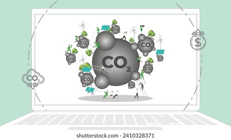 ESG sustainability business policy. Carbon credit calculate from reduce carbon footprint and carbon dioxide to carbon offset. Green renewable energy, sustainable development. Vector illustration.