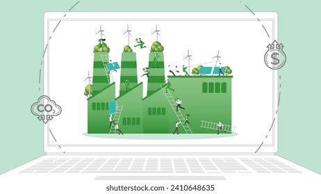 ESG sustainability business policy. Carbon credit calculate from reduce carbon footprint and carbon dioxide to carbon offset. Green renewable energy, sustainable development. Vector illustration.