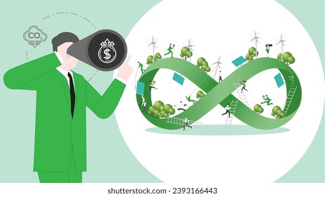 ESG sustainability business visionary. Carbon credit vision from reduce carbon footprint and carbon dioxide to carbon offset. Green renewable energy, sustainable development. Vector illustration.