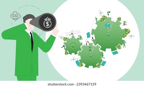 ESG sustainability business visionary. Carbon credit vision from reduce carbon footprint and carbon dioxide to carbon offset. Green renewable energy, sustainable development. Vector illustration.