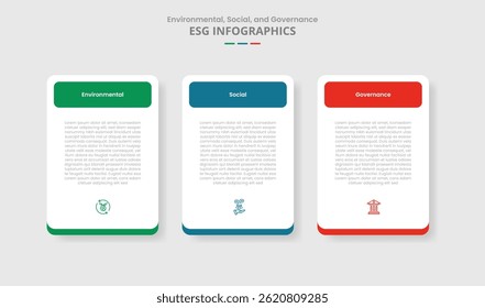 ESG sustainability concept for infographic with drop shadow style with simple round box table with round rectangle header with 3 point list information vector